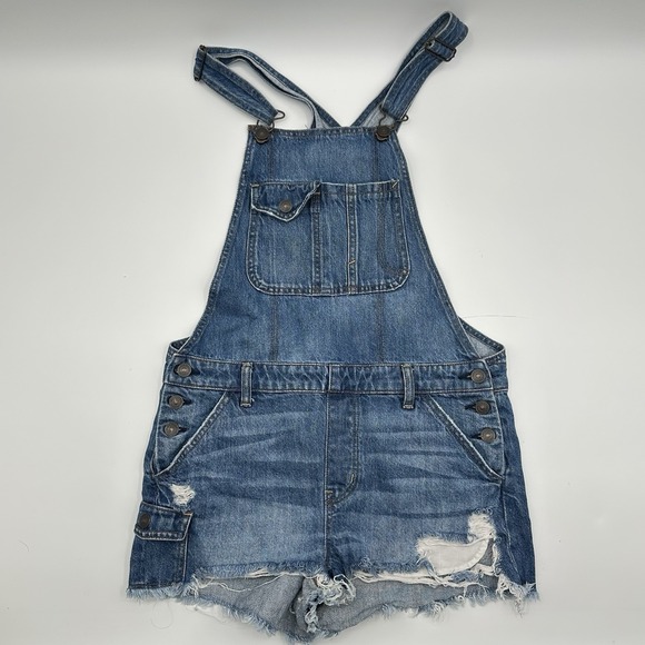 American Eagle Bib Overall Shorts Distressed Medium Wash Womens Small S Cotton - Picture 6 of 12